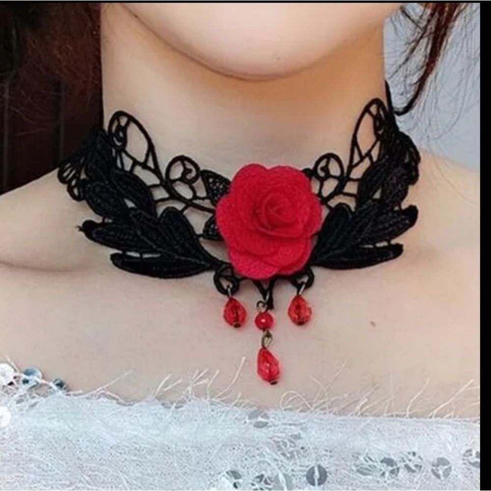 Nwot Black Gothic Lace Choker Rose Collar